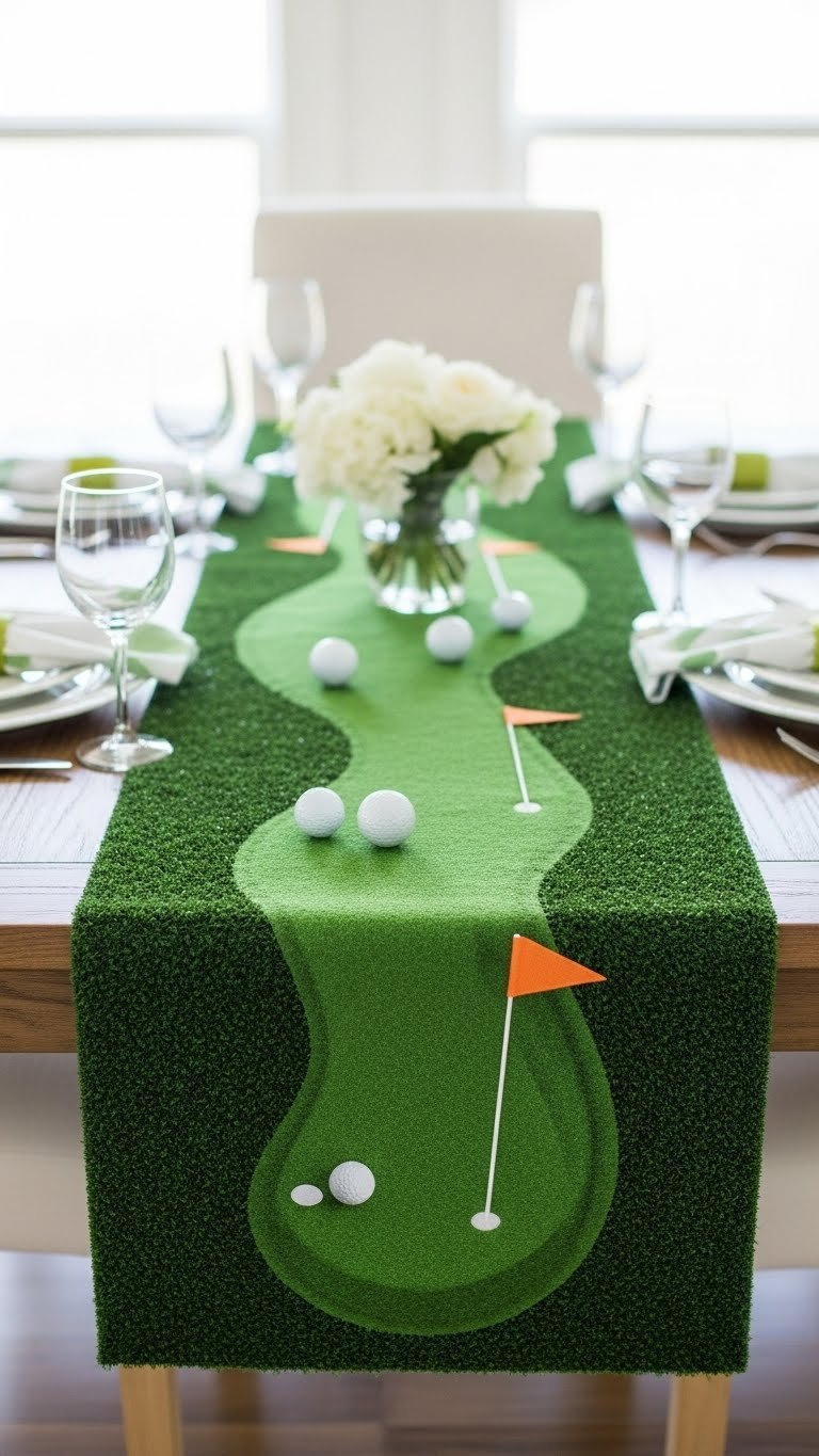 Artificial Turf Table Runner With Scattered Golf Balls And Flags Creating Miniature Fairway Centerpiece On Rustic Wooden Dining Table