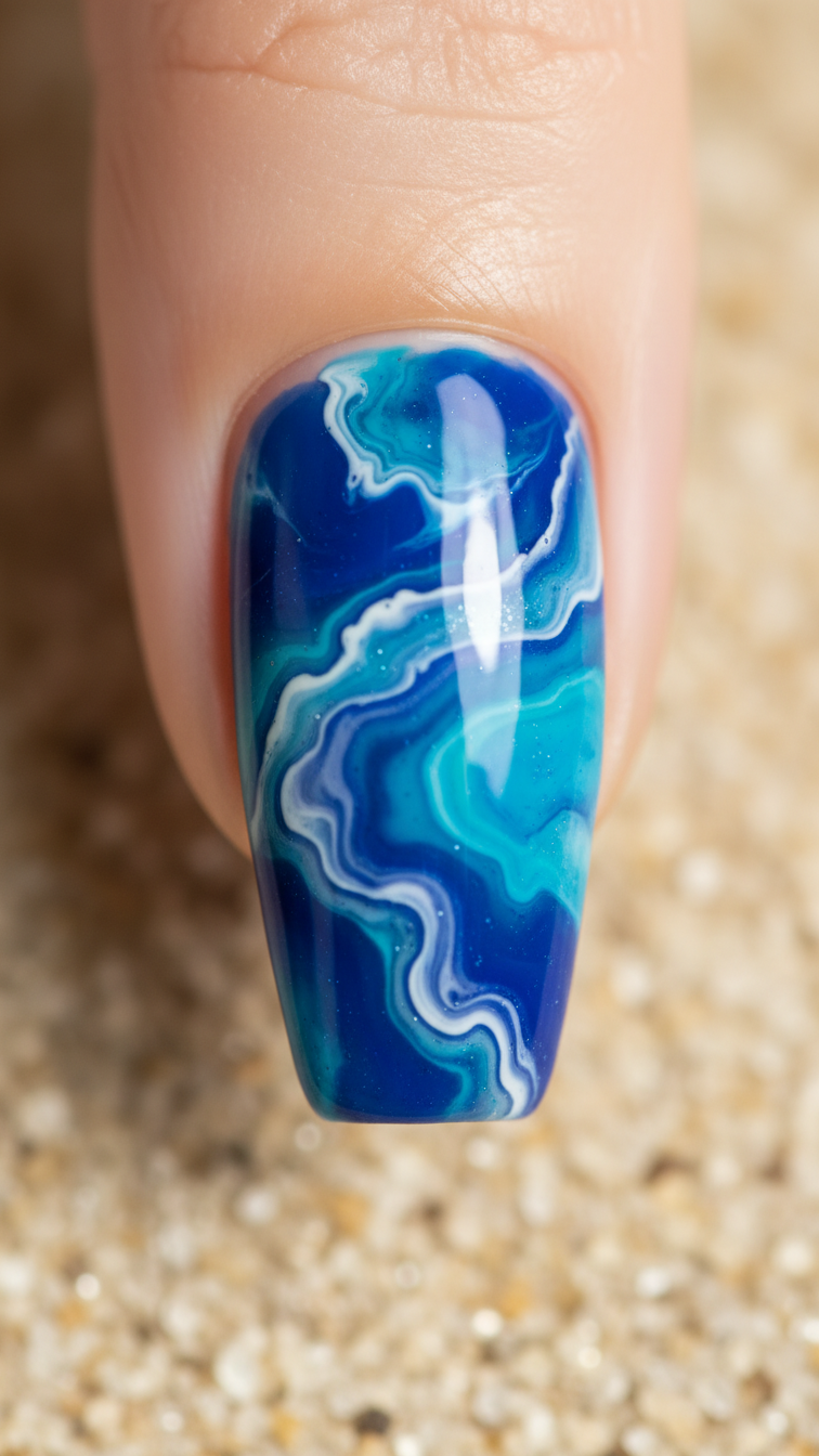 Artistic Macro Shot Of Water Hazard Themed Nail With Blue Marble Effect Creating Rippling Water Illusion Against Sandy Texture