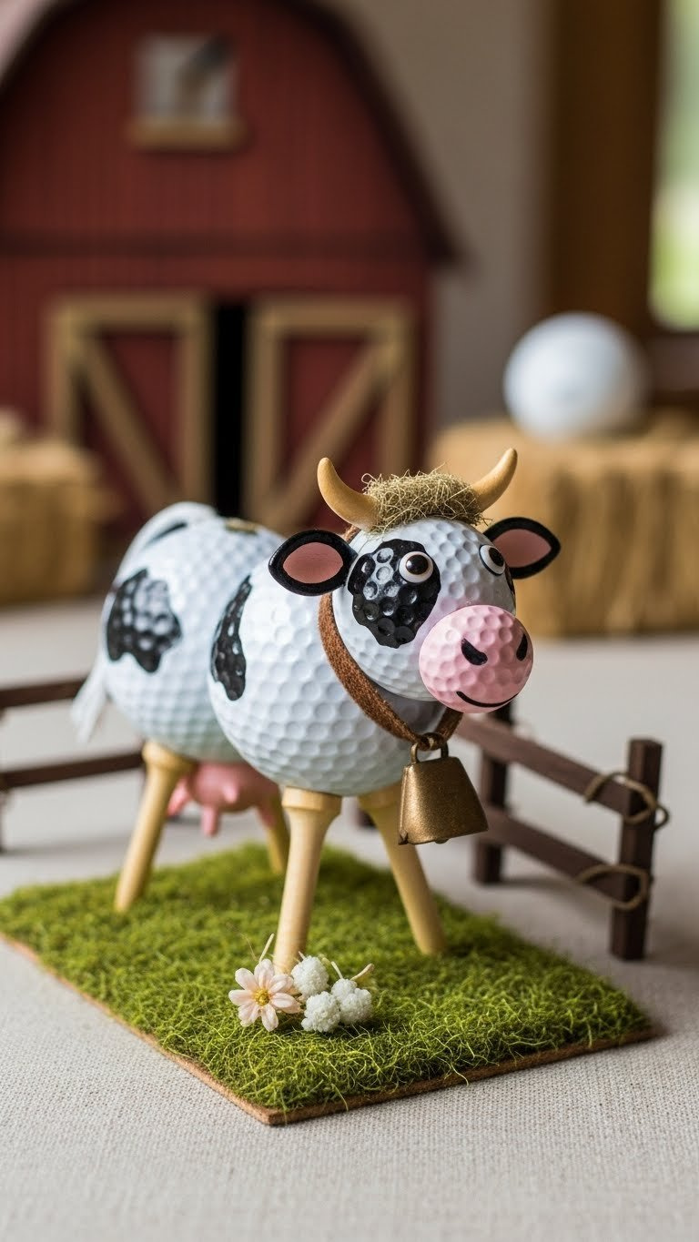 Artist'S Original One-Of-A-Kind Golf Ball Cow Craft With Tiny Cowbell On Linen Tablecloth In Warm Golden Hour Light