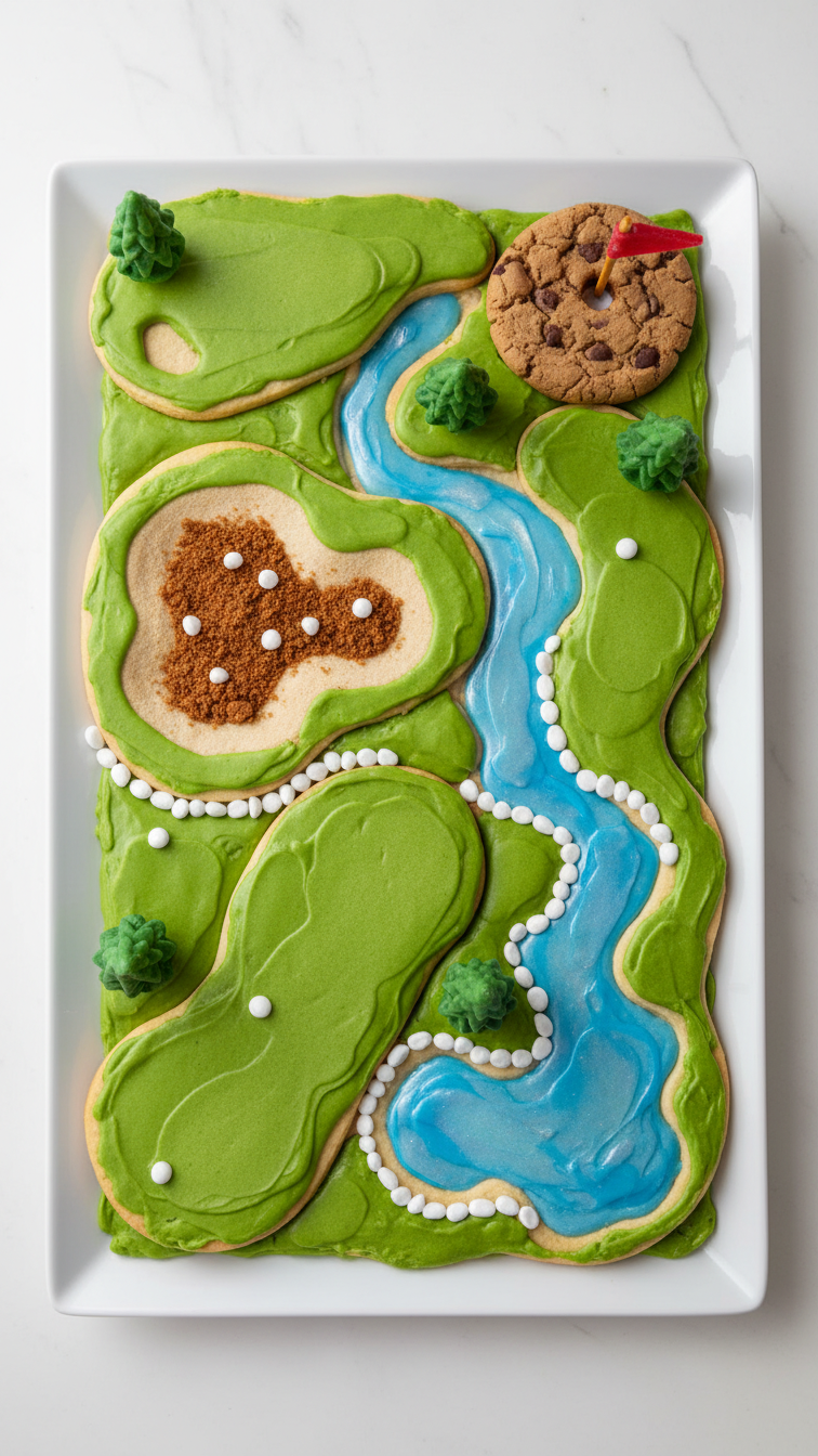 Assortment Of Cookies Arranged As Mini Golf Course Landscape With Fairways And Hazards