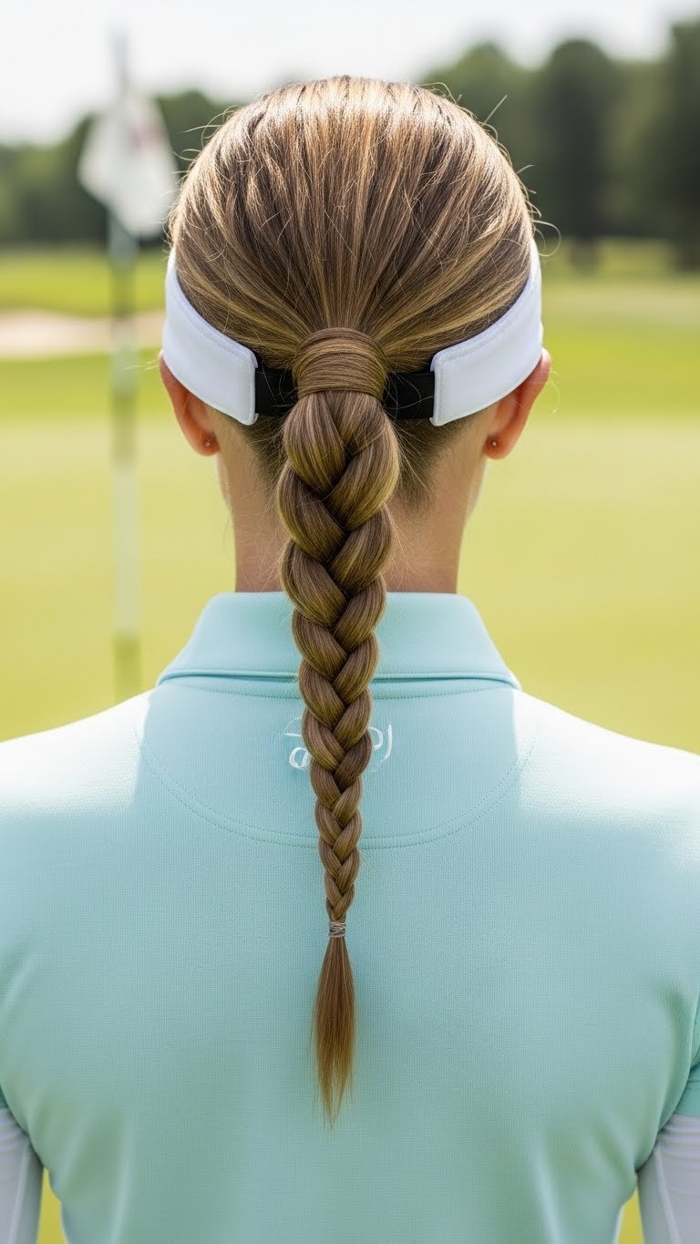 Athletic Braided Low Ponytail Hairstyle On Female Golfer With Detailed Texture Against Lush Golf Course Setting