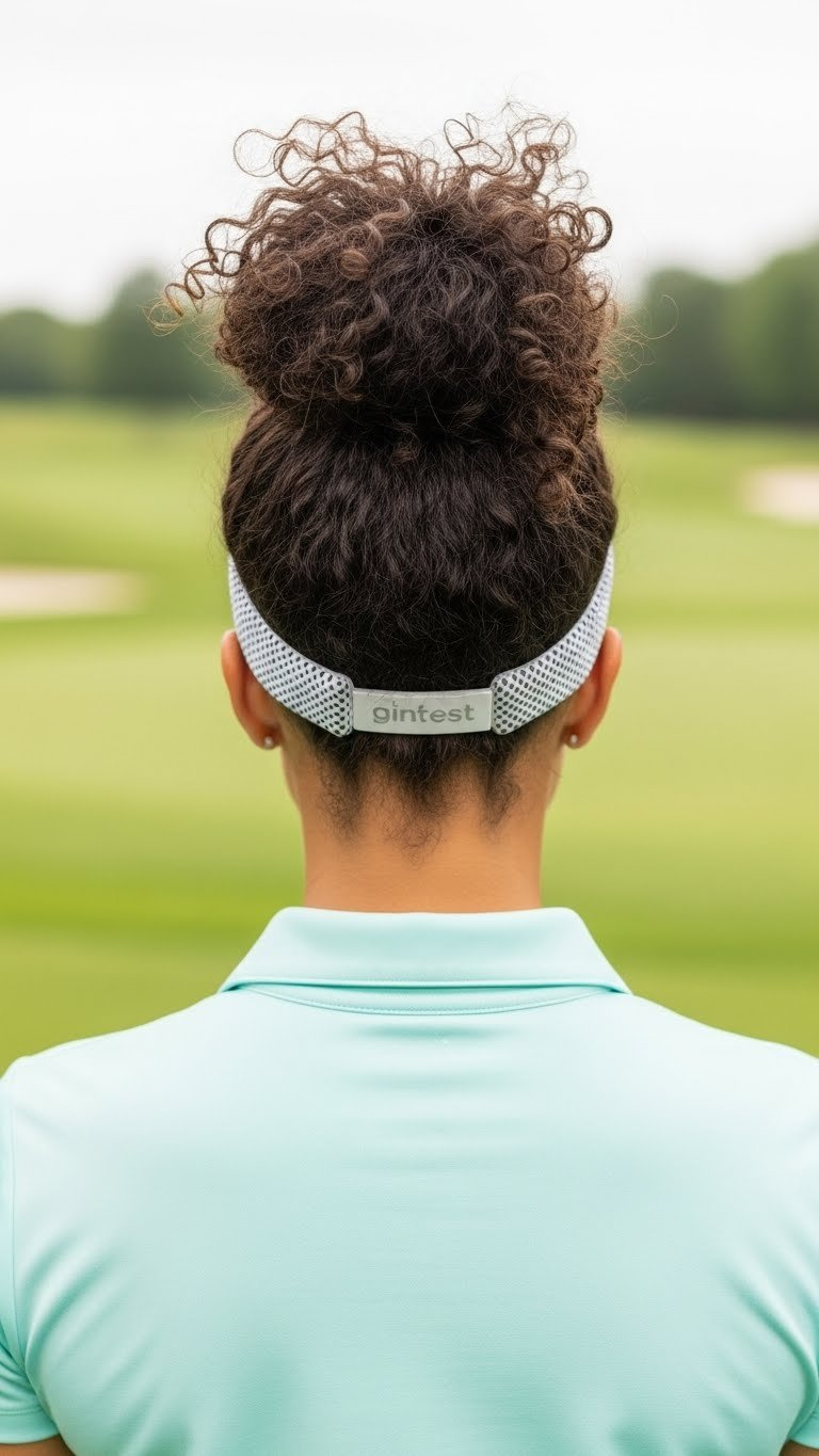 Athletic Messy Bun Hairstyle On Woman With Natural Curly Hair, Secure For Active Golf Play With Headband.