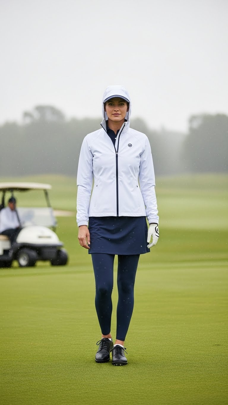Athletic Woman In White Waterproof Golf Jacket And Rain Skirt Standing Confidently On Misty Golf Course.