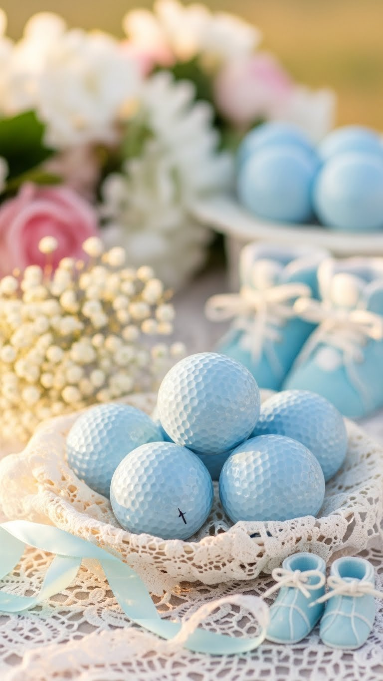 Baby Blue Golf Balls Arranged In Decorative Basket For Gender Reveal Celebration With Soft Lace Tablecloth And Pastel Flowers