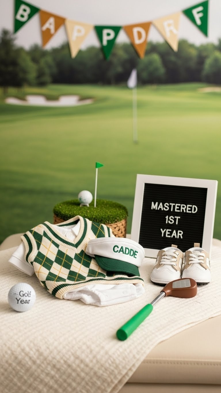 Baby Golf Outfit With Argyle Pattern Vest And Miniature Golf Club Arranged For First Birthday Party