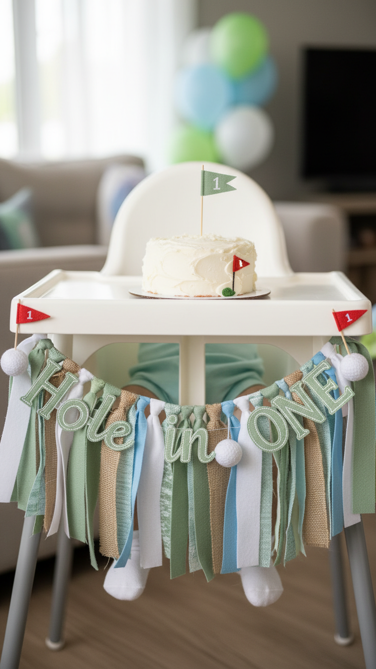 Baby'S Highchair Decorated For First Birthday Golf Party With Hole In One Banner And Golf Ball Accents