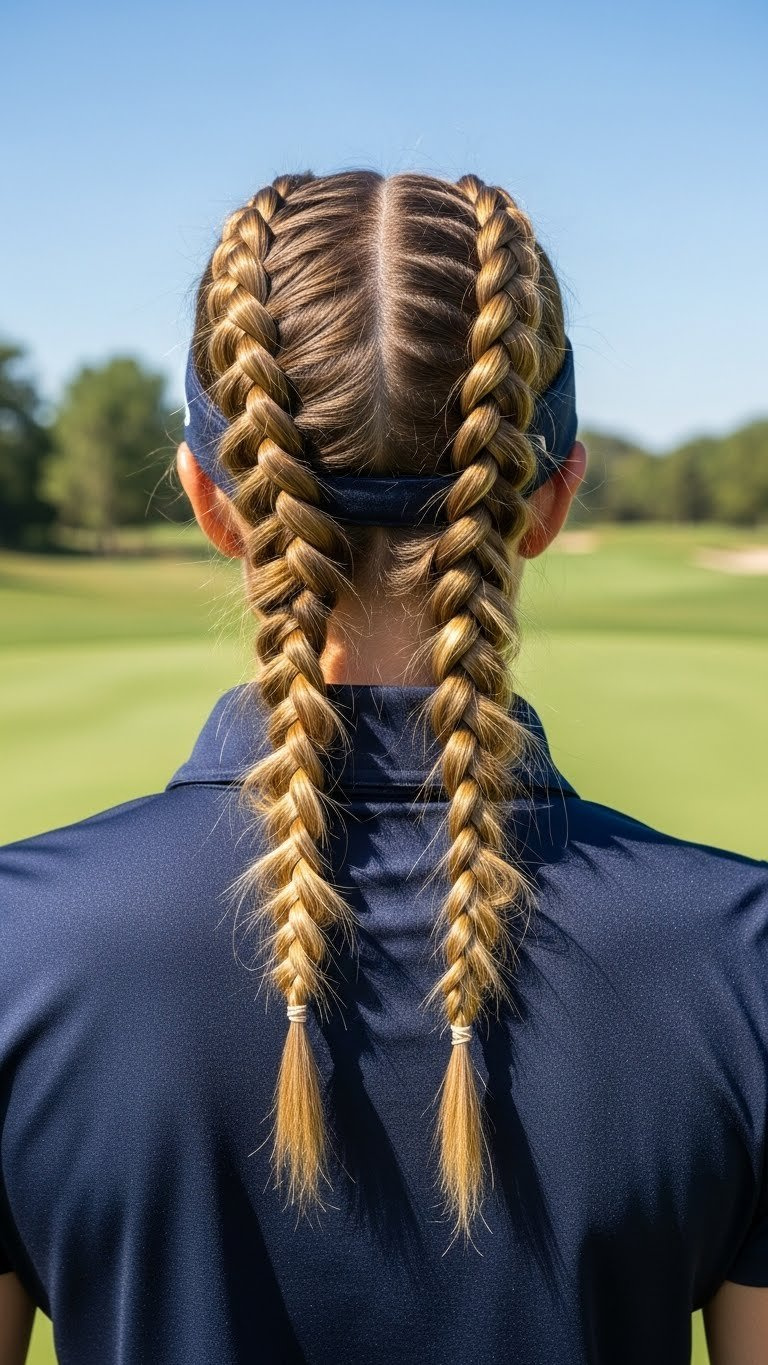 Back View Of A Woman'S Two Playful Double Bubble Braids, A Secure And Stylish Golf Hairstyle, On A Sunny Golf Course.