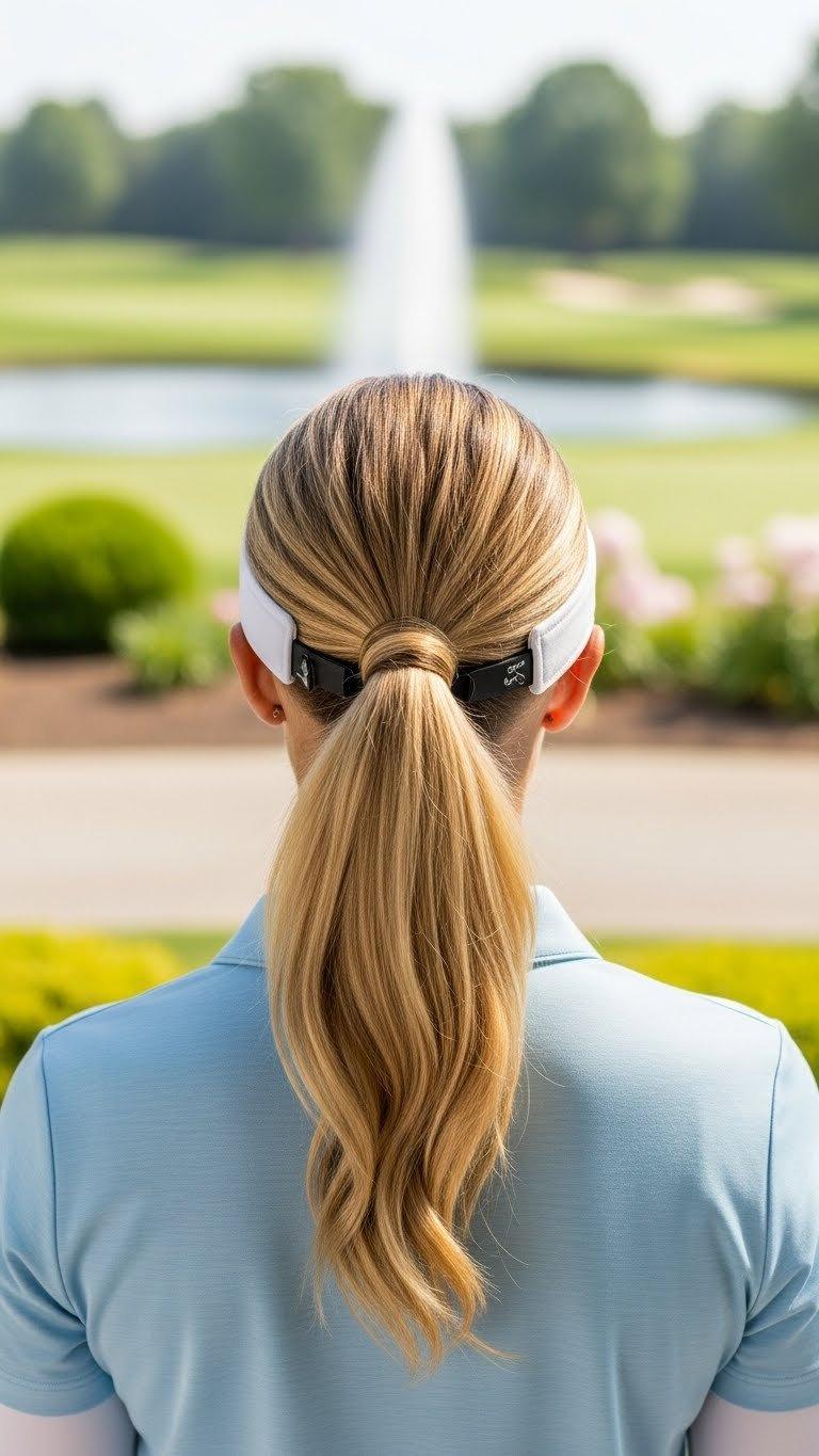 Back View Of Female Golfer With Elegant Flipped Low Ponytail Hairstyle For Thin Hair At Country Club Garden