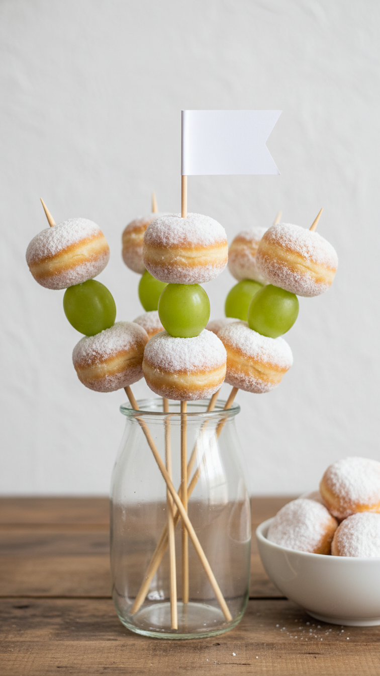 Bamboo Skewer With Powdered Donut Holes And Green Grapes Arranged As Hole-In-One Golf Themed Snack