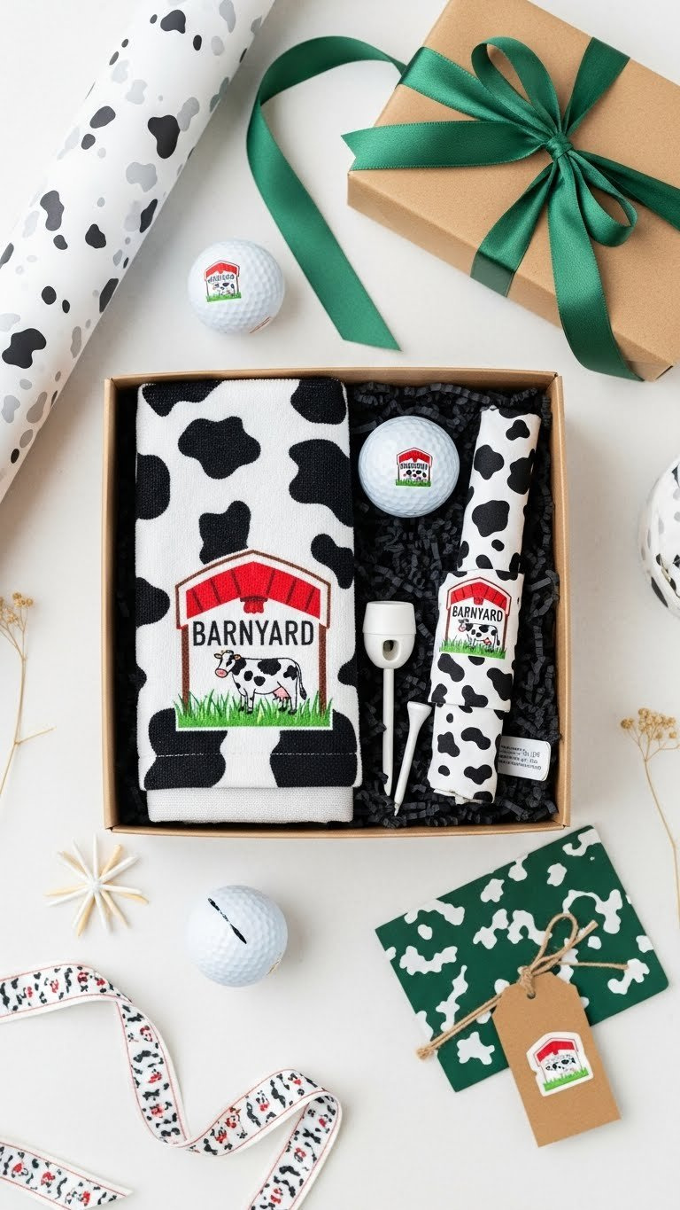 Barnyard Themed Cow Novelty Golf Gift Set Arranged In Flat Lay Composition On Clean White Background