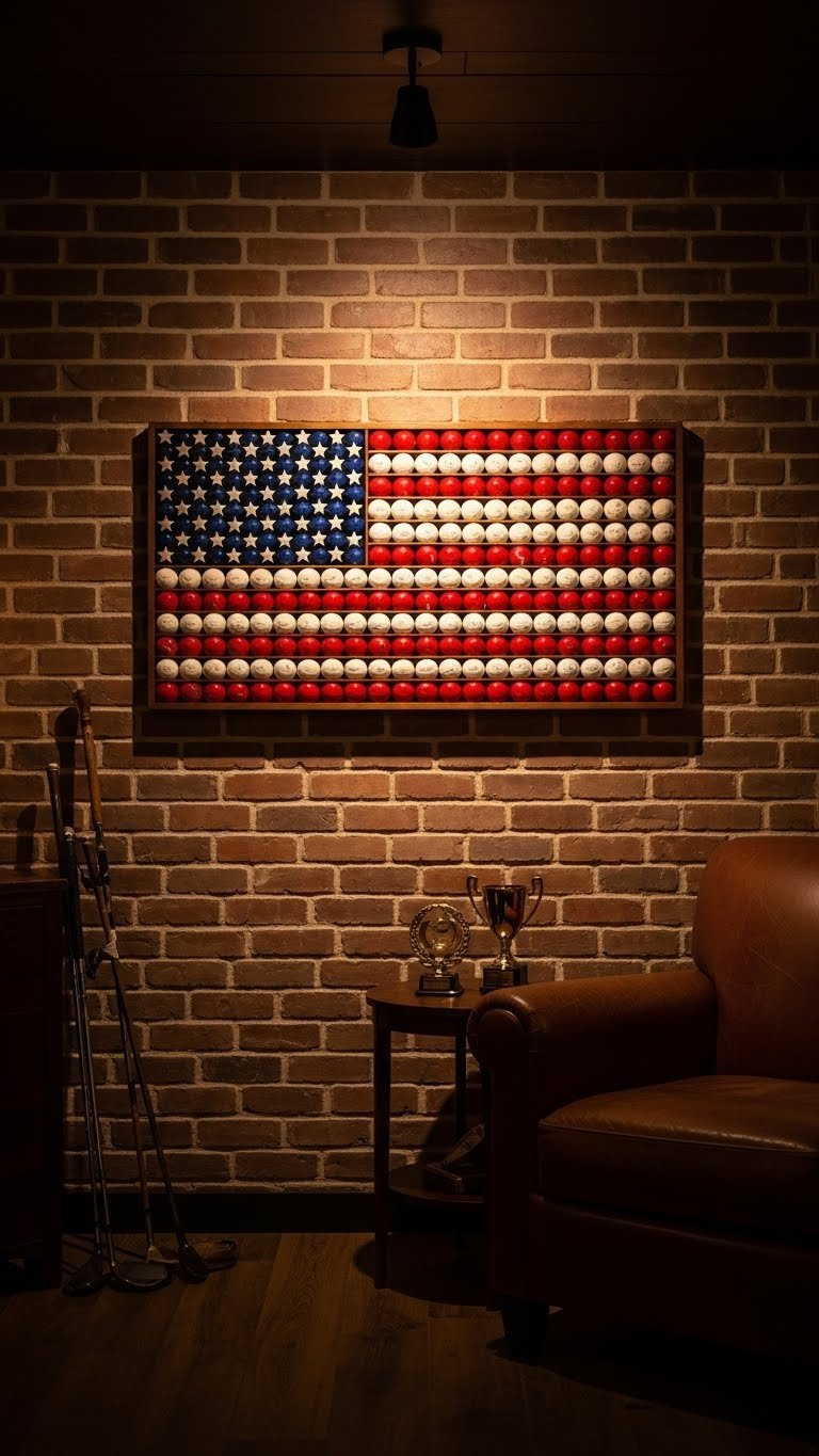 American Flag Golf Balls: Ultimate Buying &Amp; Diy Guide Beautiful Wooden American Flag Golf Ball Display Mounted On Rustic Brick Wall In Cozy Man Cave Setting.