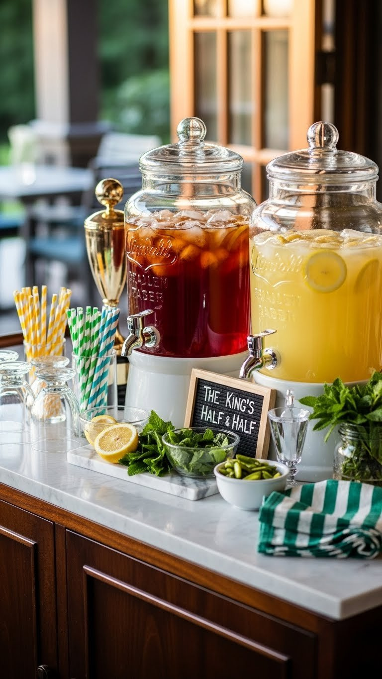 Beautifully Arranged Arnold Palmer Drink Station With Glass Dispensers Of Iced Tea And Lemonade On Rustic Wooden Cart.