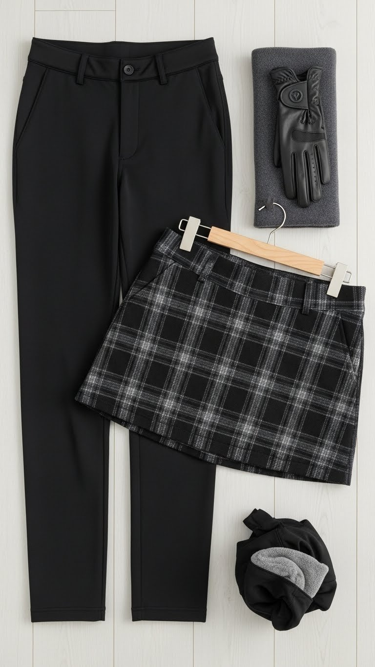 Black Thermal Golf Pants And Dark Plaid Winter Skort Arranged In Flat Lay Composition On Wooden Floor.