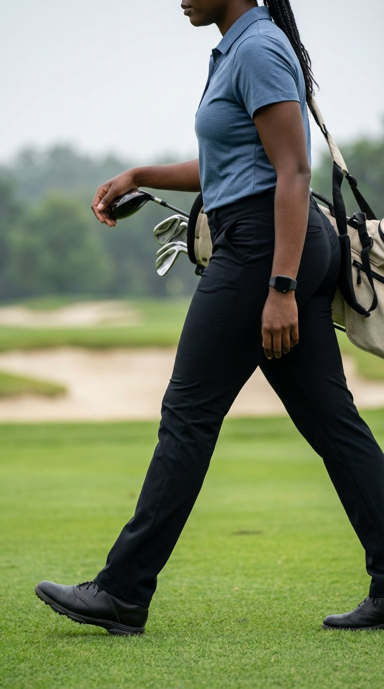 Black Woman Golfer Walking Gracefully In Flexible Black Golf Pants On Lush Green Golf Course Fairway