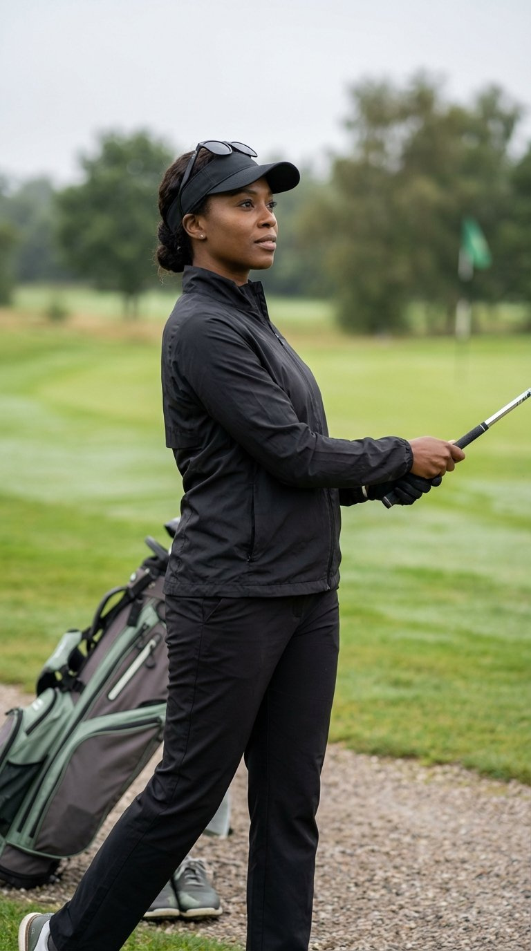 Black Woman Golfer Wearing Stylish Black Golf Jacket Over Polo Shirt On Golf Course Pathway