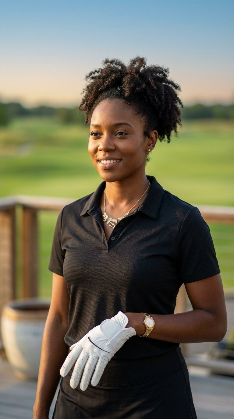 Black Woman Wearing Chic Black Golf Polo Shirt With Breathable Fabric On Modern Golf Clubhouse Patio