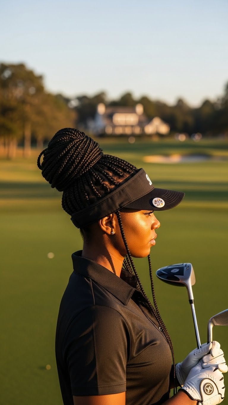 Black Woman With Box Braids Updo Wearing Golf Visor On Golden Hour Golf Course Setting