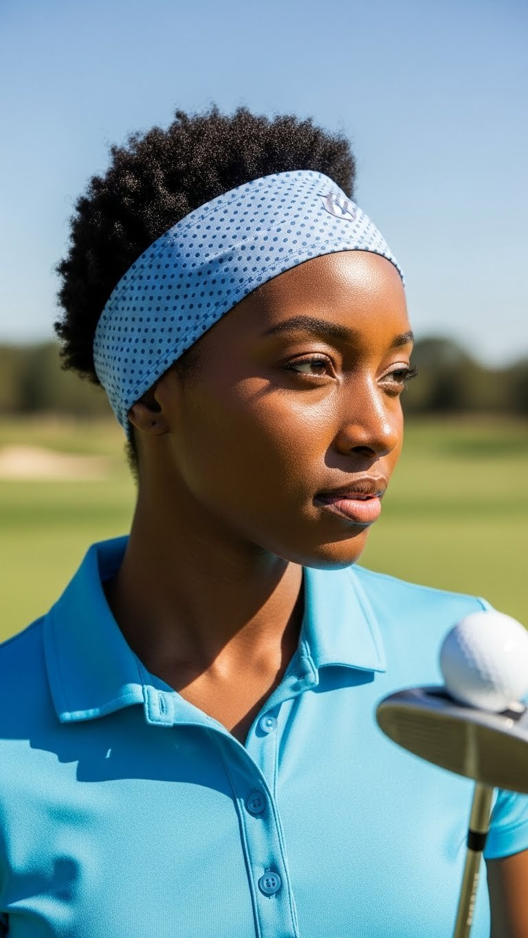 Black Woman With Chic Short Natural Hair Wearing Athletic Headband On Bright Golf Course Setting