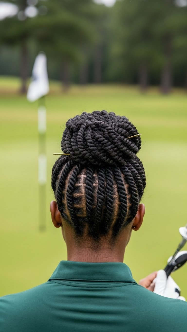 Black Woman With Elegant Twisted Crown Updo Wearing Golf Visor On Serene Golf Course Landscape