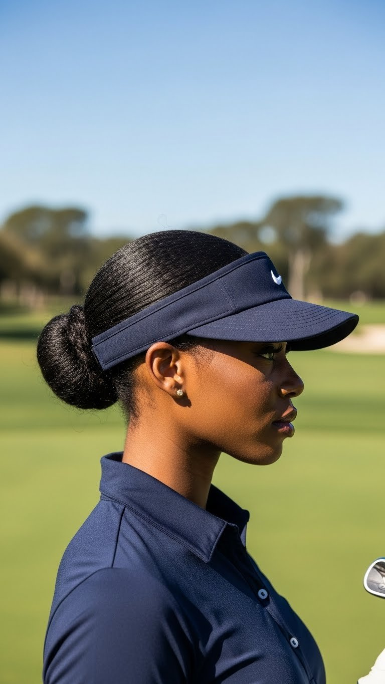 Black Woman With Sleek Low Bun Wearing Golf Visor On Lush Green Golf Course With Bokeh Background