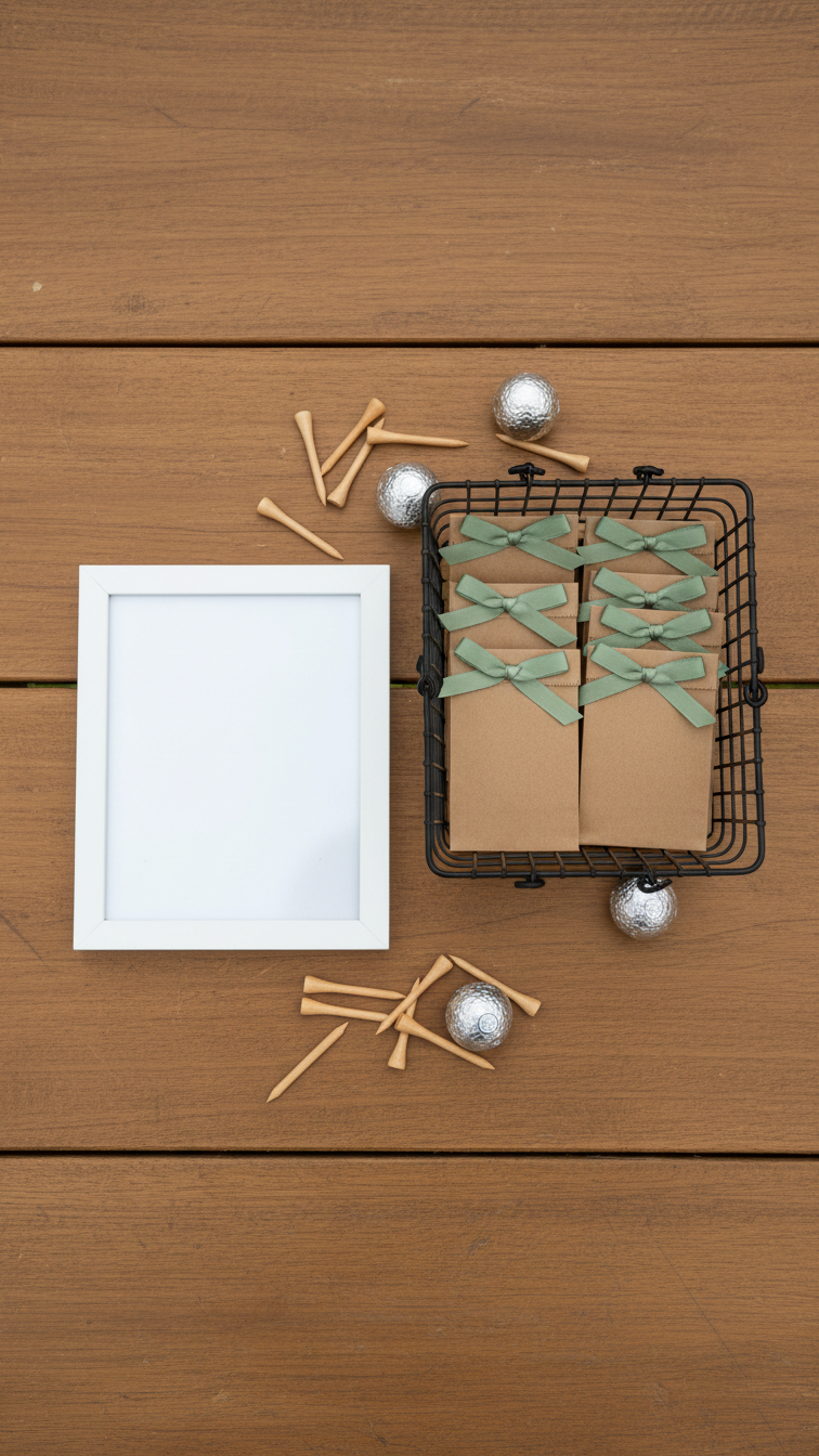 Blank Framed Sign Next To Wire Basket Of Brown Paper Favor Bags With Golf Tees On Rustic Wooden Table.