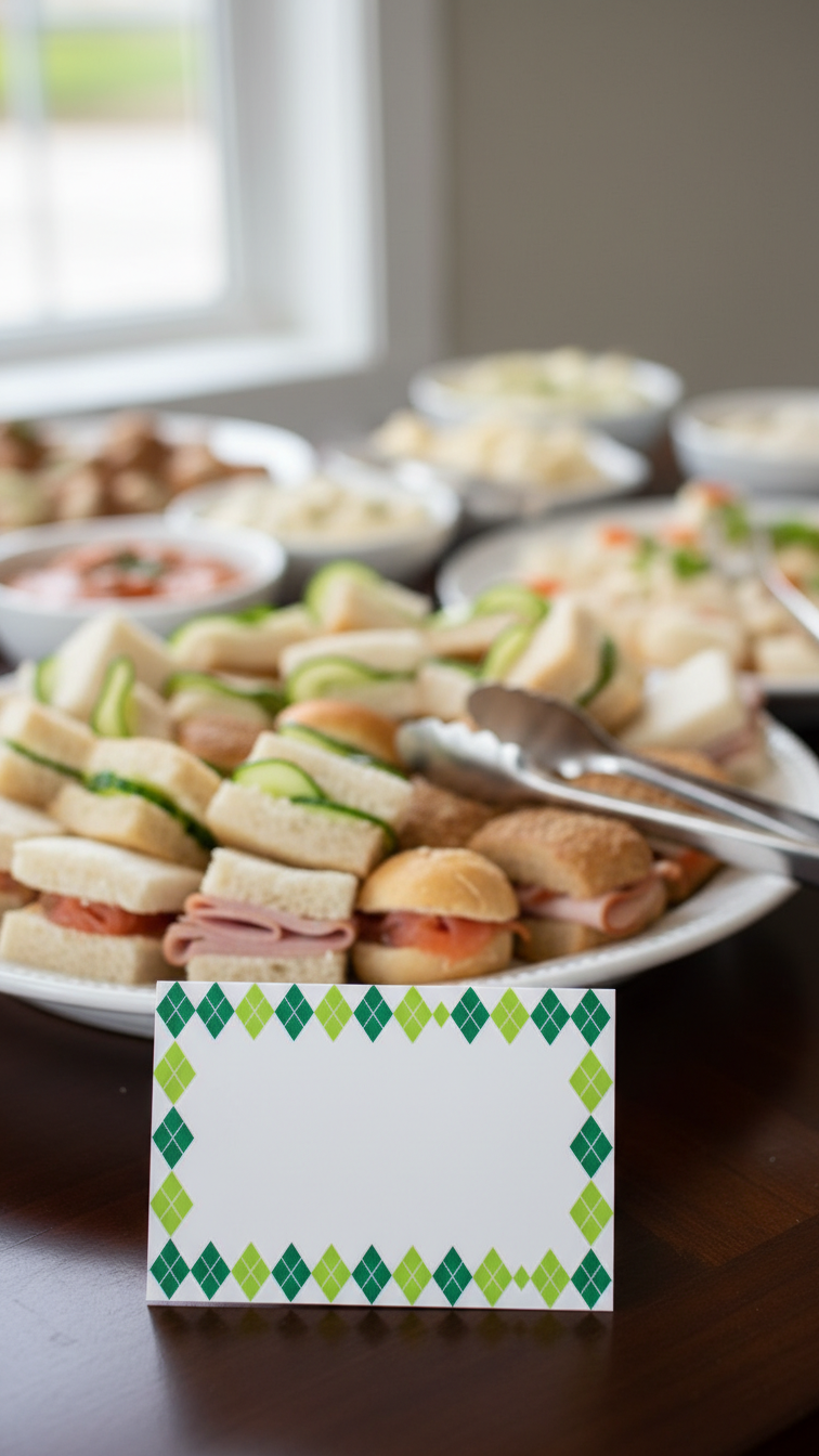 Blank Green Argyle Tent Card In Front Of White Ceramic Platter With Mini Sandwiches On Dark Wood Buffet Table.