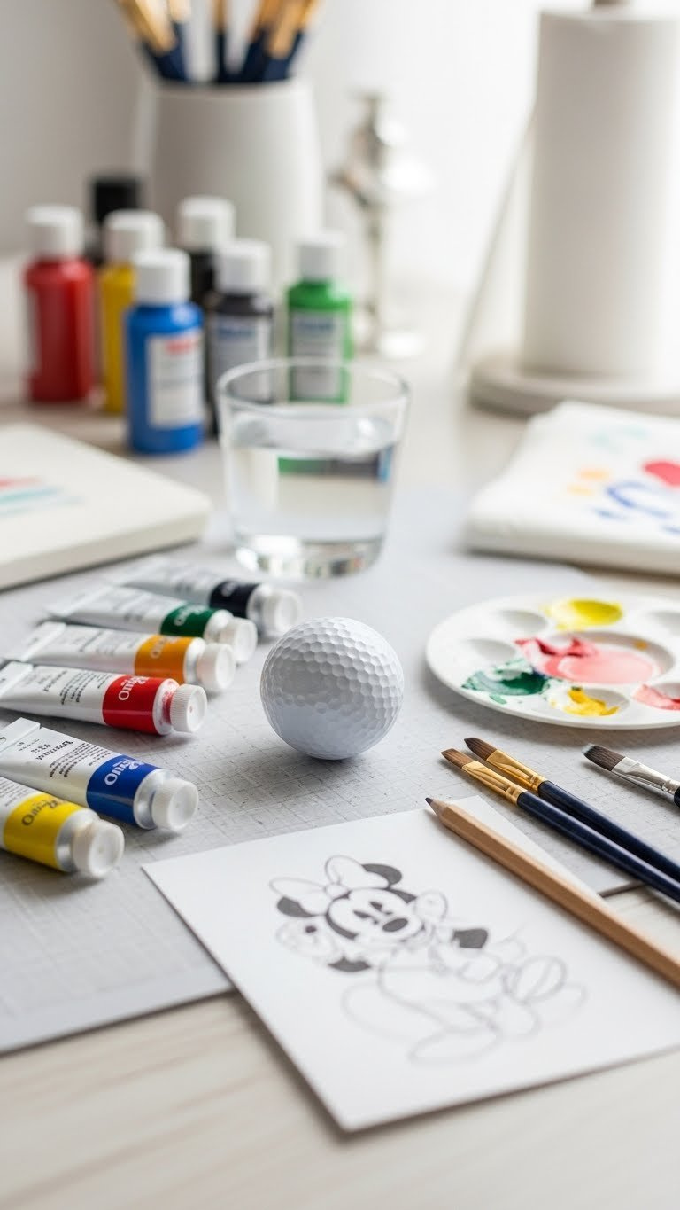 Blank White Golf Ball Surrounded By Acrylic Paints And Brushes Ready For Diy Disney Character Painting