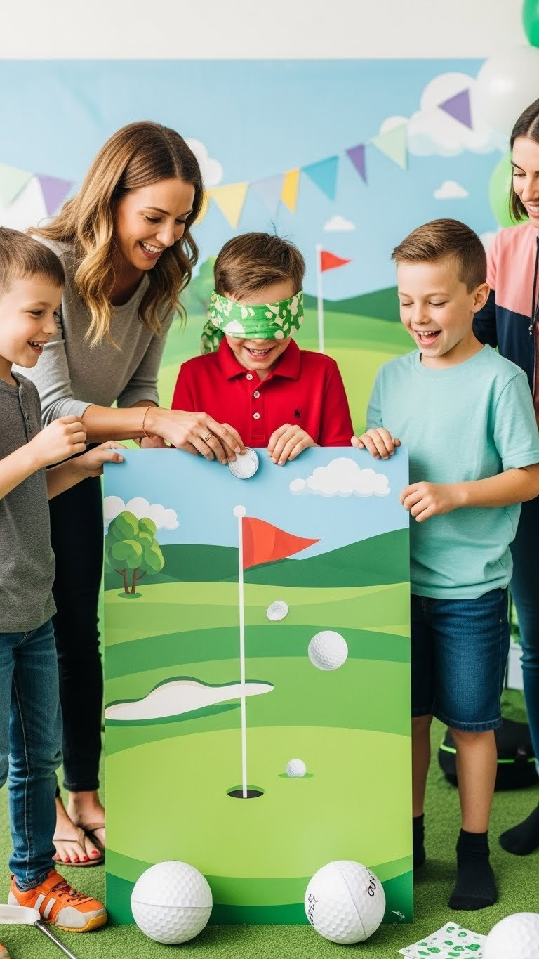 Blindfolded Child Playing Pin The Golf Ball On Flag Poster With Laughing Friends Guiding Them