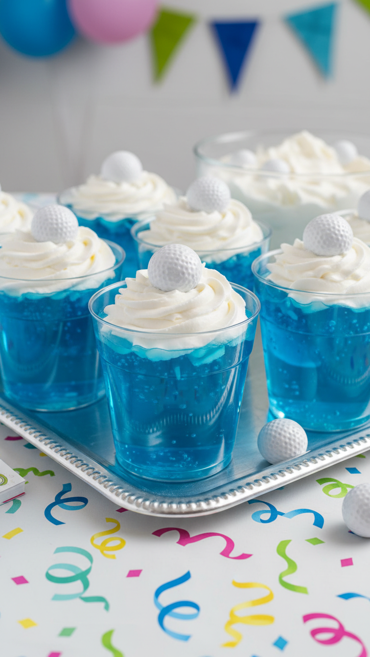 Blue Jello Water Hazard Cups With Whipped Cream Topping And Candy Golf Balls On Party Tray