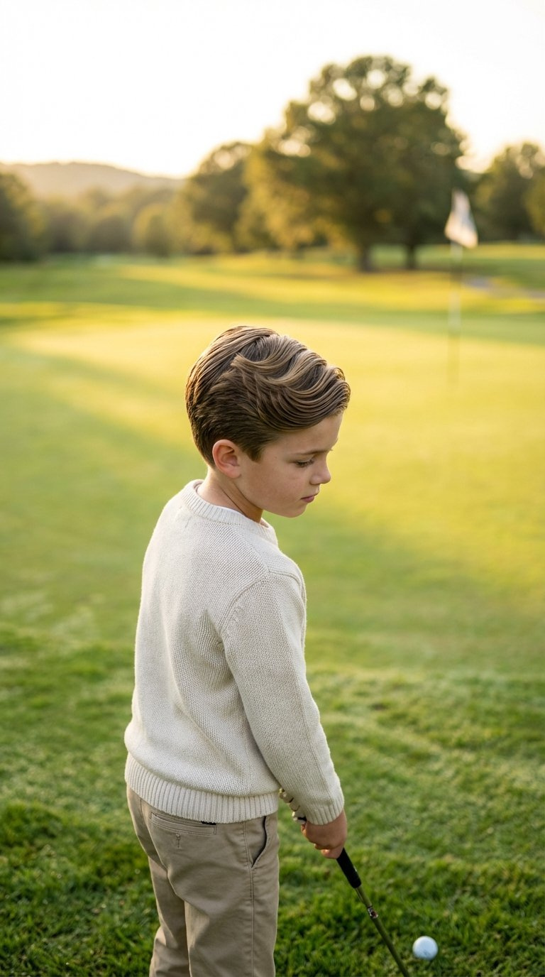 Boy Showcasing Carolina Swirl Haircut On Golf Green Edge With Golden Hour Lighting And Rolling Hills Backdrop.