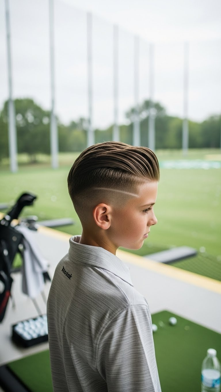 Boy With Slicked Back Undercut Hairstyle At Golf Driving Range With Clubs And Netting Background.