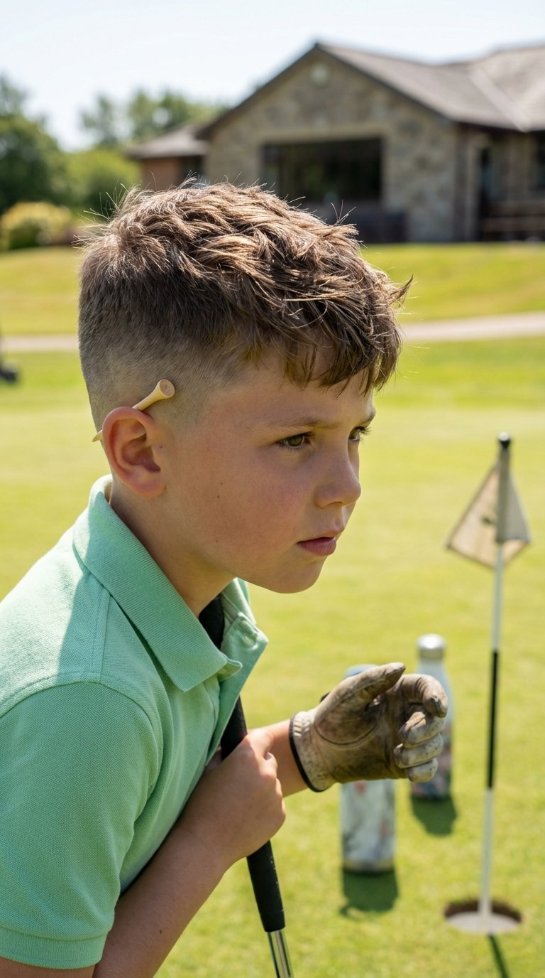 Boy With Textured Crop Haircut And Golf Tee Behind Ear On Putting Green With Blurred Clubhouse Background.