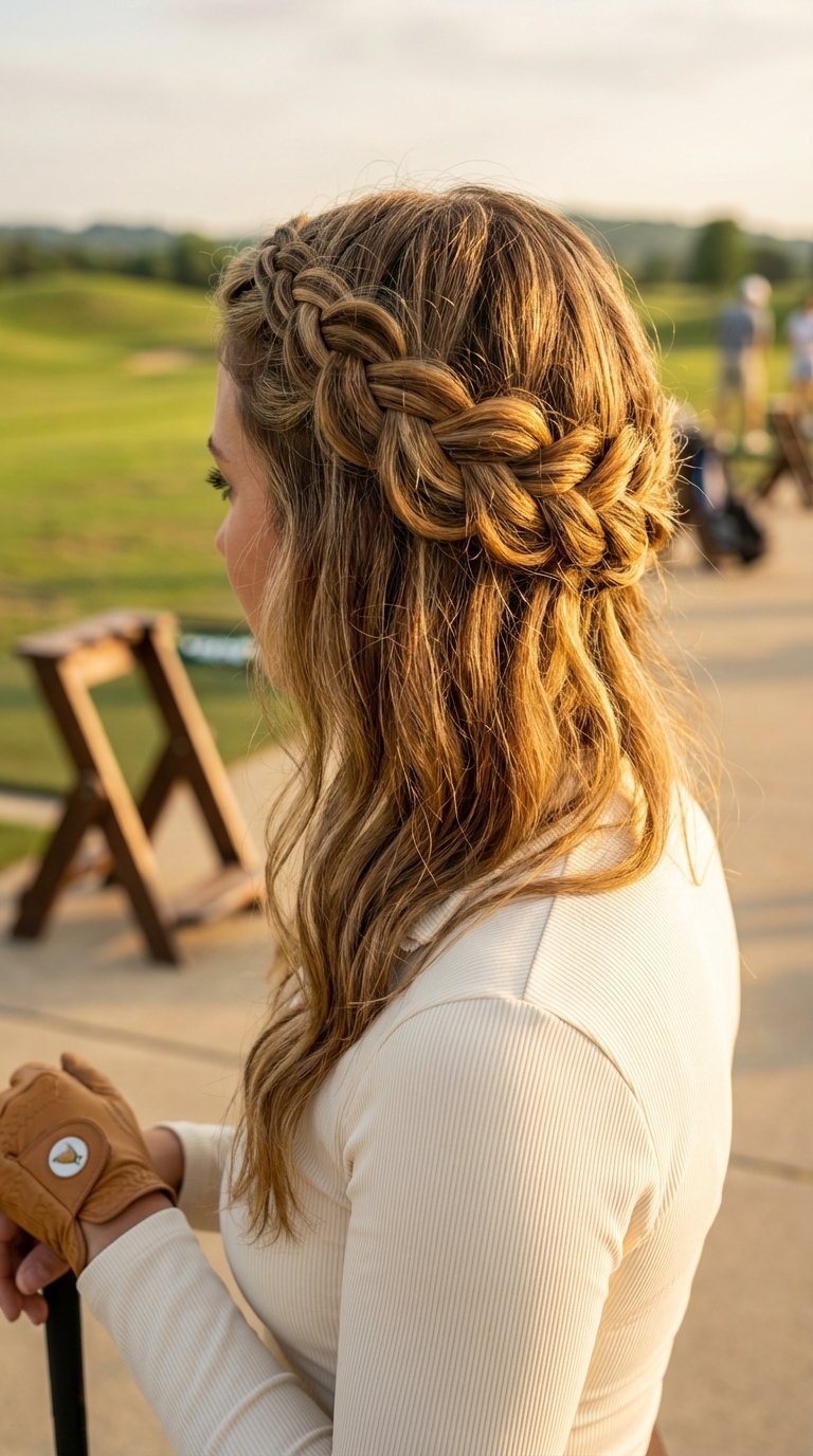 Braided Crown Hairstyle On Female Golfer With Boho-Chic Aesthetic And Golden Hour Lighting
