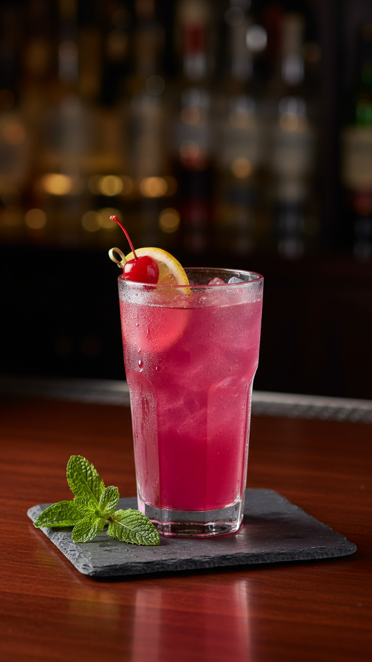 Bright Pink Azalea Cocktail In Highball Glass With Lemon Wheel Garnish And Condensation On Glass