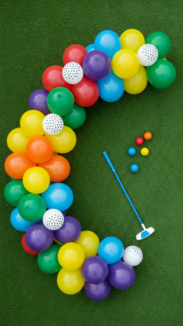 Bright Rainbow Mini-Golf Party Balloon Garland With Colorful Golf Ball Patterned Balloons On Green Grass Surface