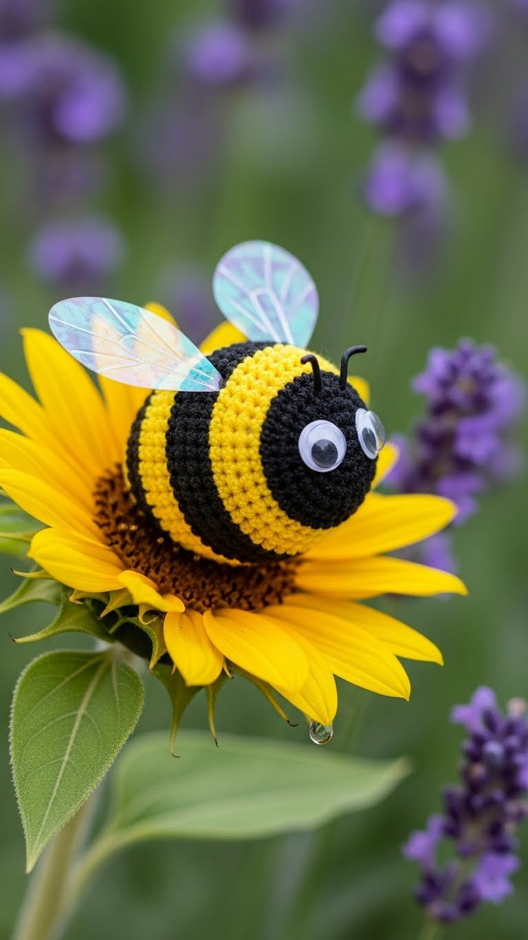Bright Yellow And Black Bumble Bee Golf Ball With Iridescent Wings Perched On Sunflower In Floral Garden