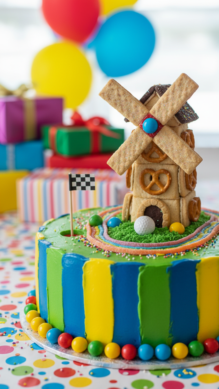 Brightly Colored Miniature Golf Course Cake For Kids With Cookie Windmill And Loop-De-Loop On Party Tablecloth