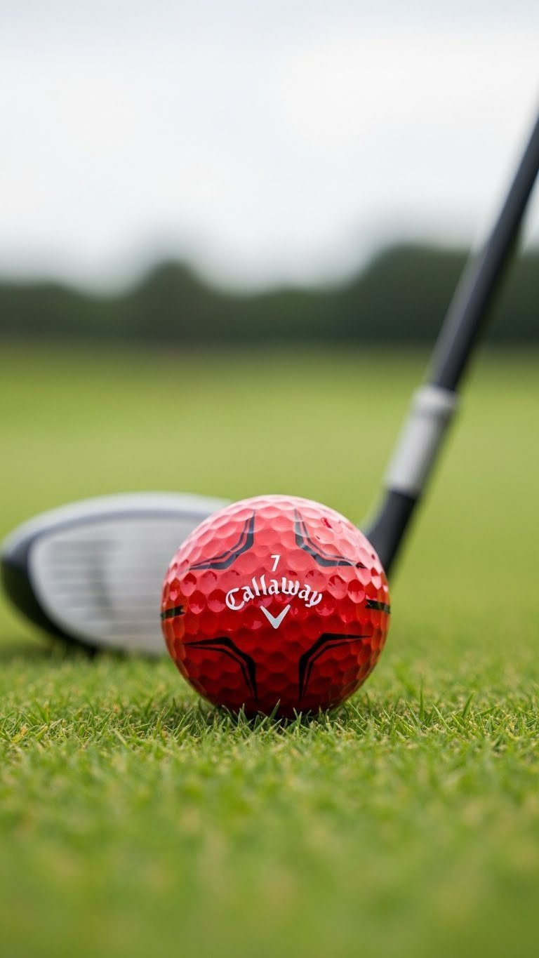 Callaway Truvis Golf Ball With Iconic Red And White Hexagonal Pattern On Golf Tee Against Soft Bokeh Golf Course Background