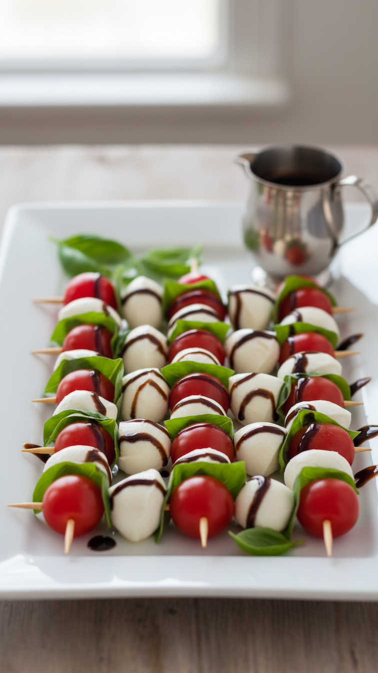 Caprese Skewers With Cherry Tomatoes, Mozzarella Balls, And Basil On White Platter With Balsamic Glaze