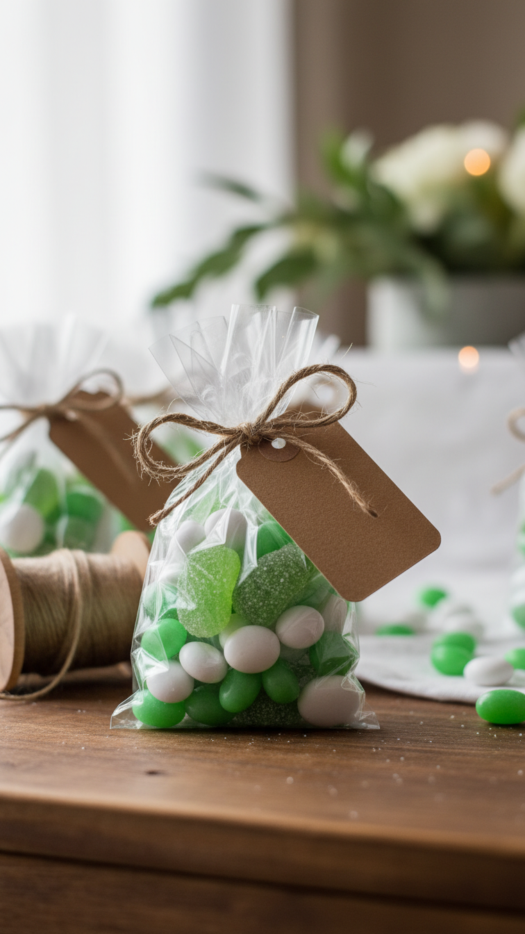 Cellophane Party Favor Bag Filled With Green And White Candies Tied With Twine Bow