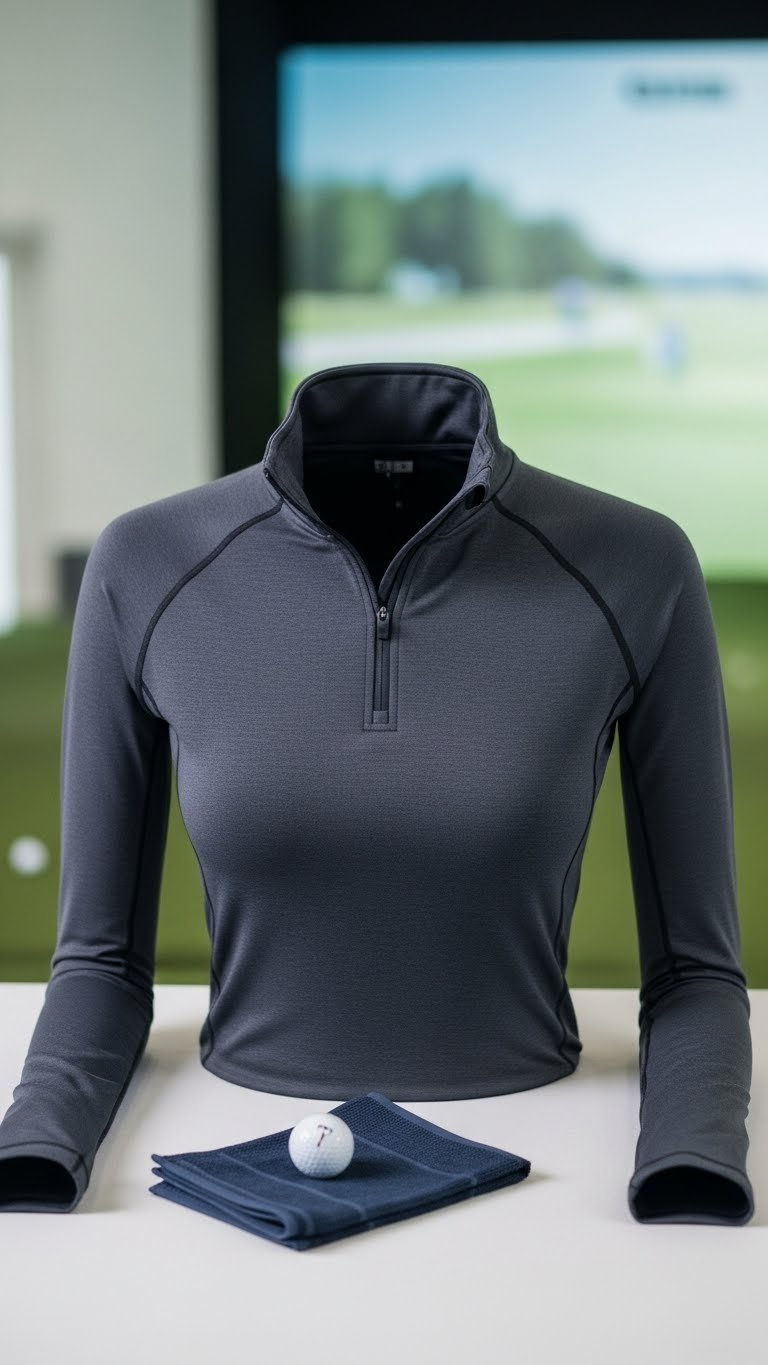 Charcoal Gray Women'S Thermal Golf Base Layer With Moisture-Wicking Fabric Visible Under Unzipped Performance Golf Top.
