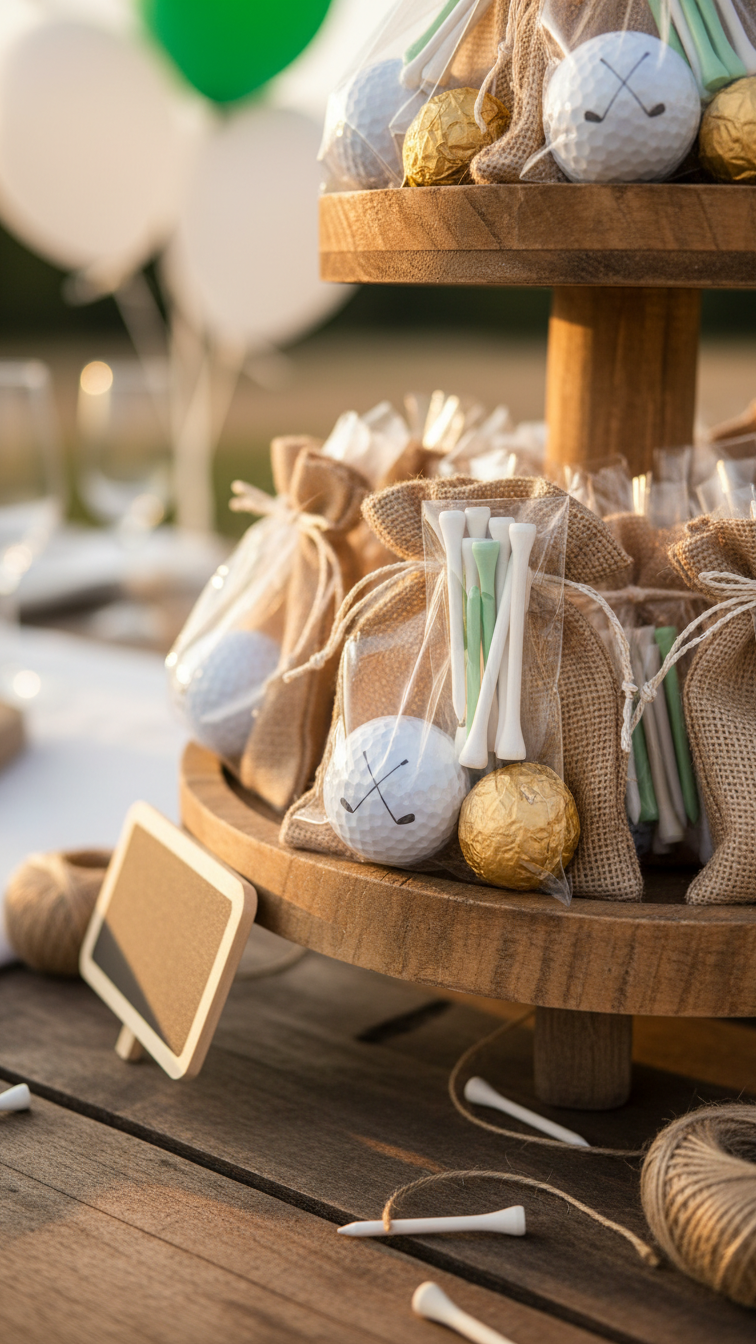 Charming Diy Golf Party Favor Station With Tiered Wooden Stand Showing Personalized Golf Ball And Tees In Goodie Bag