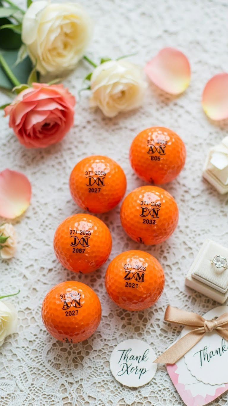 Charming Arrangement Of Orange Golf Balls Personalized With Wedding Dates And Initials On Delicate Lace Tablecloth