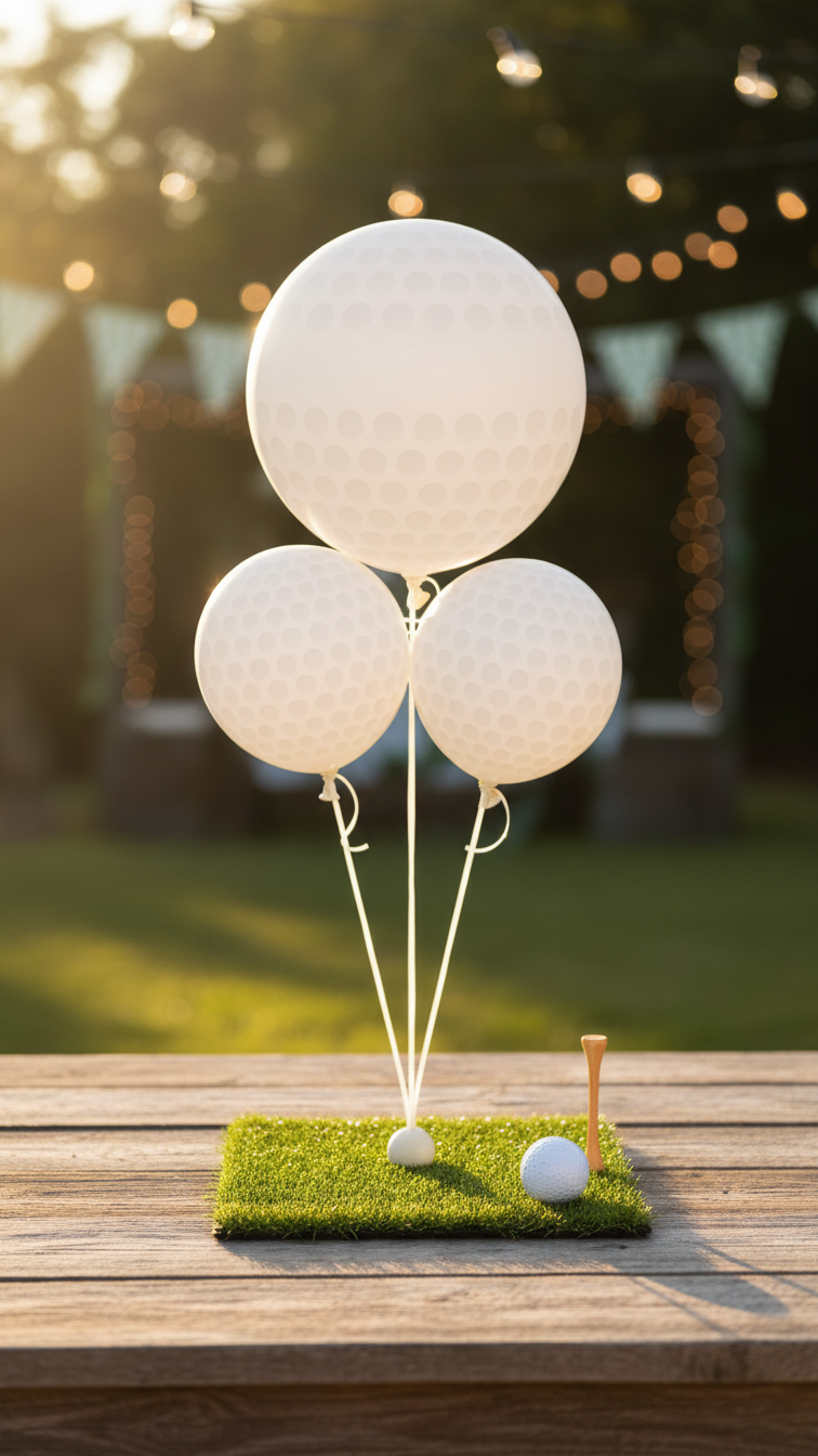 Charming Golf Ball Balloon Centerpiece With Three White Balloons On Artificial Turf With Golf Tee And Ball Accents On Rustic Wooden Table.