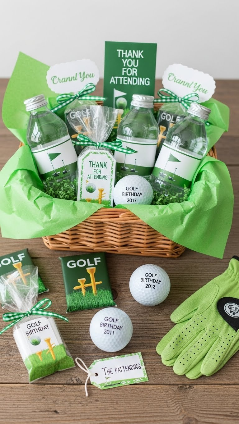 Charming Golf Themed Party Favors With Personalized Golf Balls And Tee-Shaped Chocolates In Wicker Basket