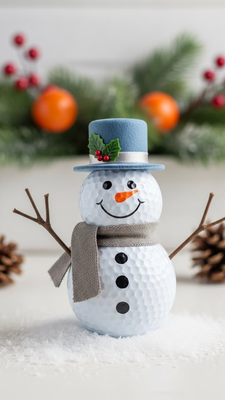 Cheerful Golf Ball Snowman Decoration With Carrot Nose And Fabric Scarf Displayed On Faux Snow Winter Mantle