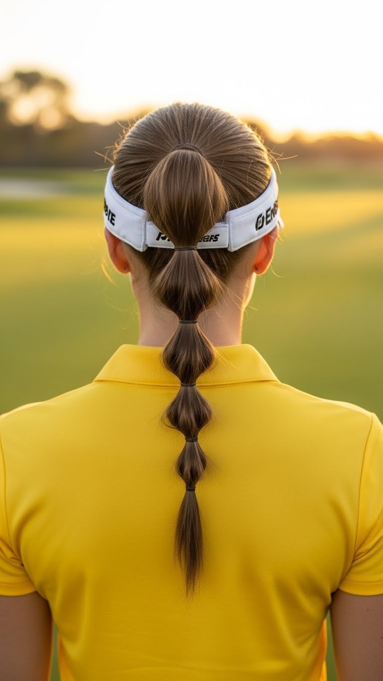 Chic Bubble Braid Ponytail Emerging From Golf Visor With Defined Bubbles On Lush Fairway At Golden Hour