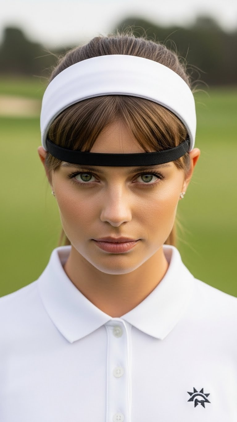 Chic Female Golfer With Bangs Tucked Under Performance Headband For Distraction-Free Play On Minimalist Golf Course