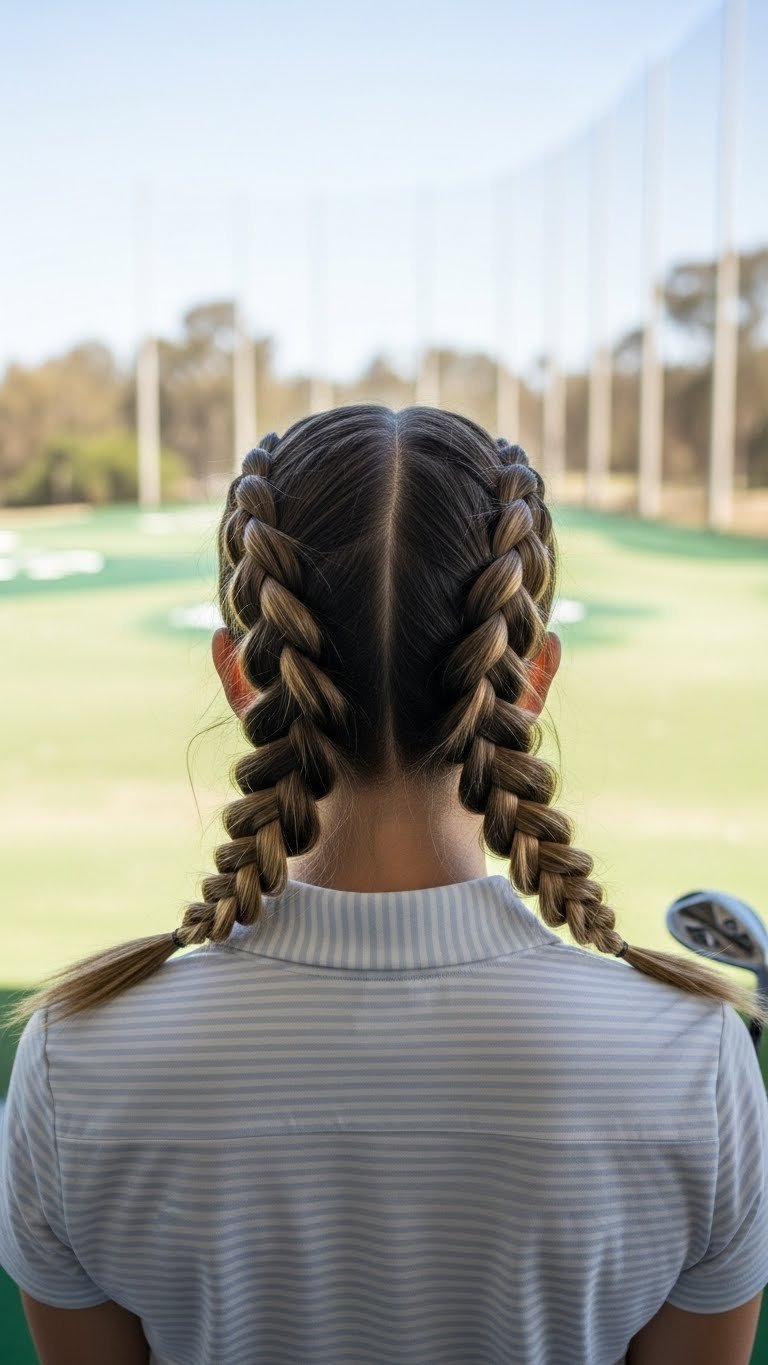 Chic Half-Up Dutch Braids With Flowing Medium Hair, Perfect For An Active Outdoor Day On A Sunny Golf Driving Range.