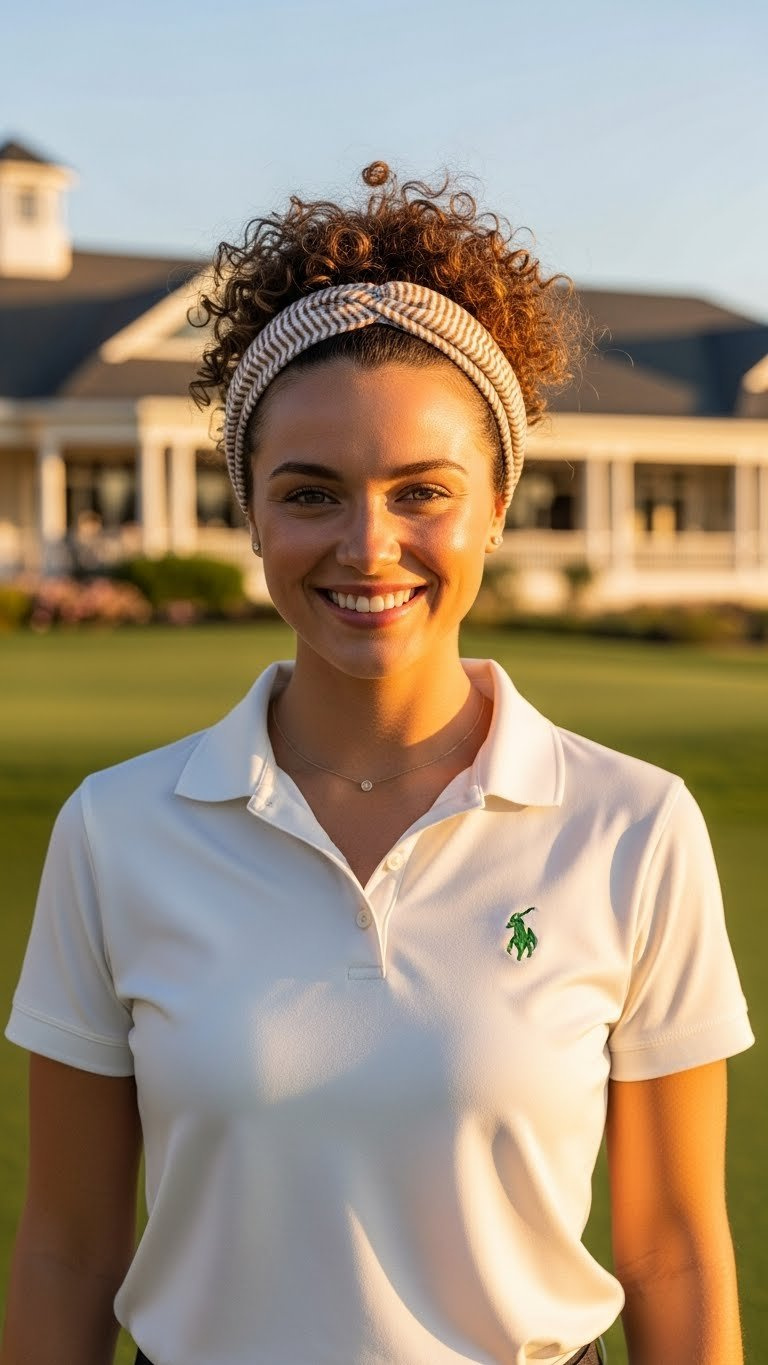 Chic Half-Up Curly Hairstyle With Golf Headband Keeping Hair Out Of Face During Golf Activities At A Resort Setting.